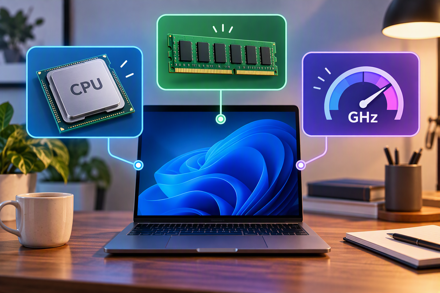 Laptop with visual callouts highlighting the CPU processor, RAM memory module, and GHz speed gauge, illustrating key computer specifications in an approachable way.