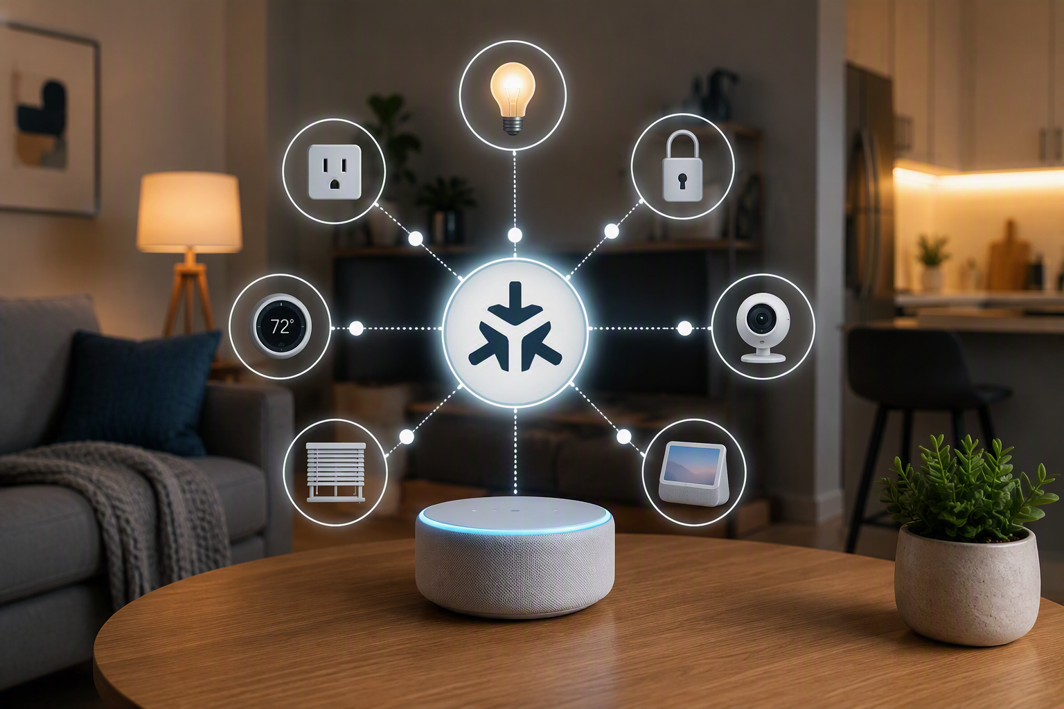 A modern smart home scene featuring a smart speaker on a table with a central connectivity symbol linking multiple smart devices. Connected icons include a smart light bulb, smart plug, thermostat, security camera, smart display, window blinds, and security lock. The background shows a comfortable living room and kitchen, visually illustrating how different brands and types of smart home devices can work together through a unified standard.