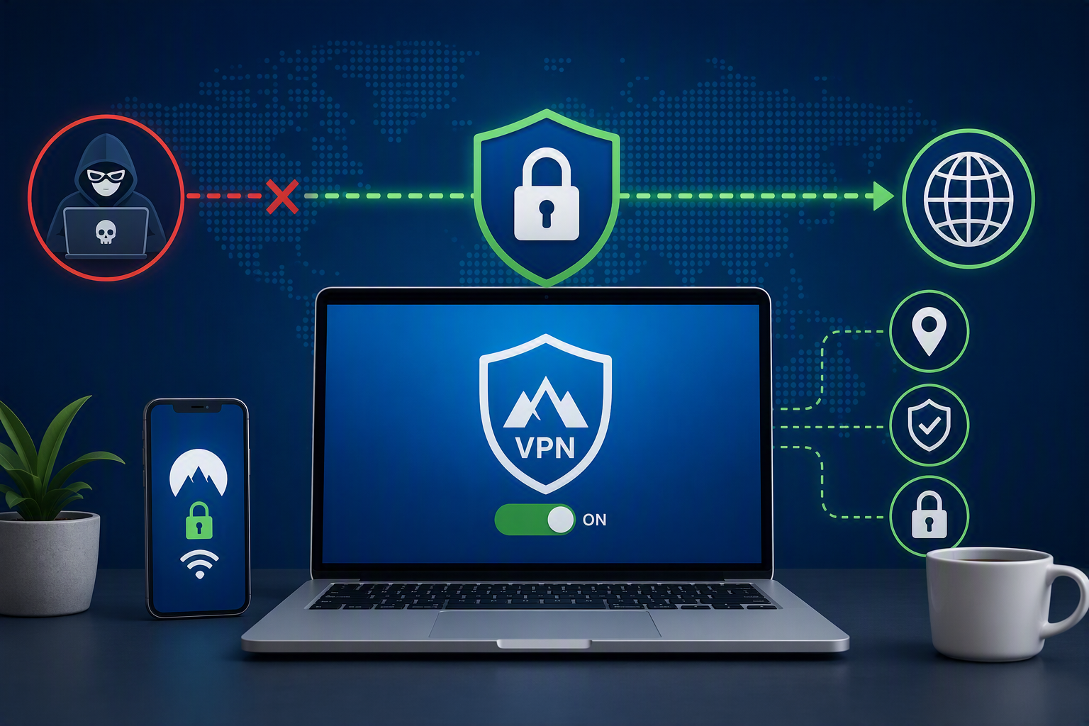 Illustration showing a laptop and smartphone protected by a VPN connection. A shield and padlock icon sit between an untrusted internet source and a secure global network, with a world map in the background. Additional icons represent privacy, location masking, encrypted connections, and online security. The graphic uses blue and green tones to emphasize safe, protected internet access across devices.