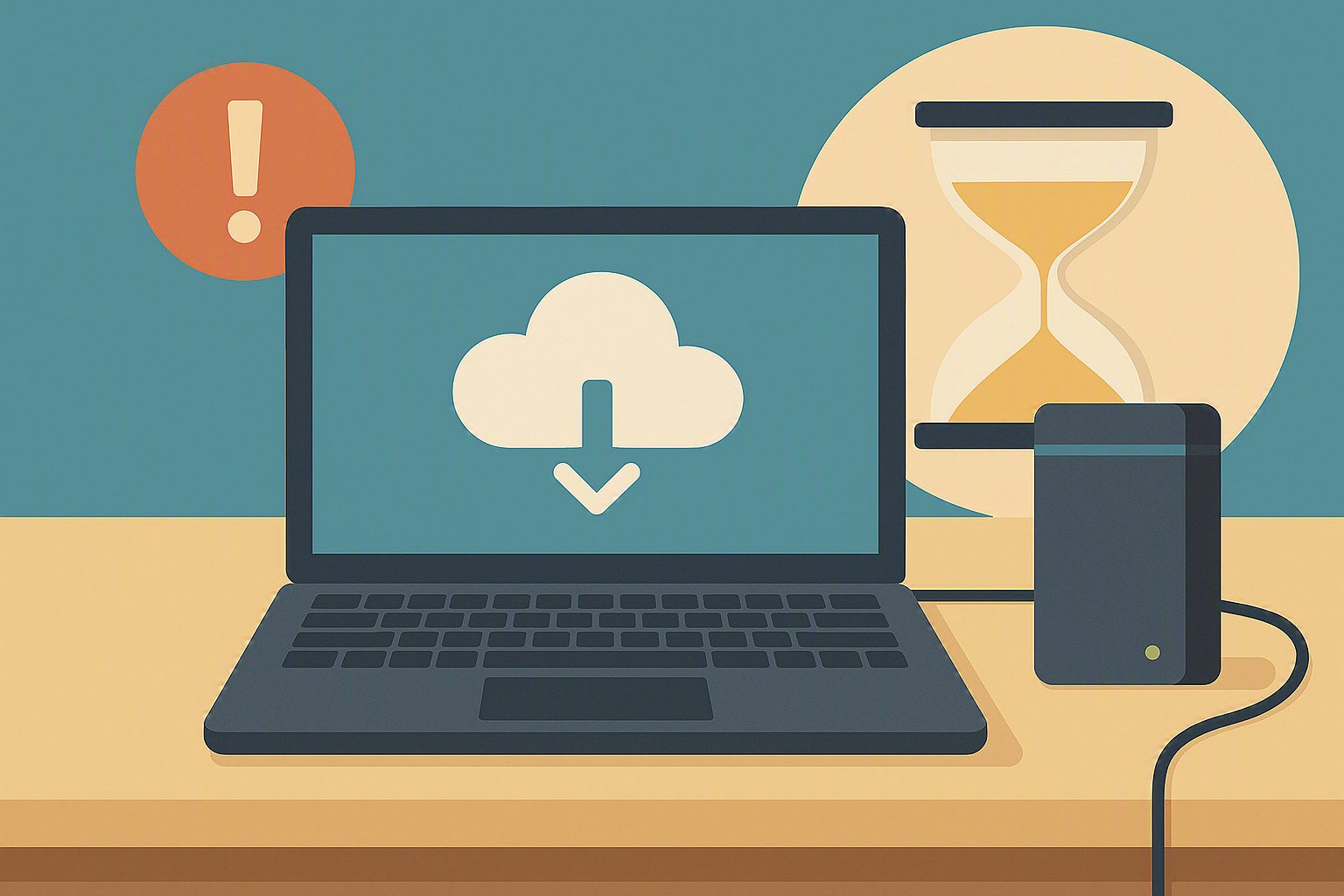 Illustration of a laptop displaying a cloud download icon, connected to an external hard drive by a cable. In the background, a large hourglass symbolizes urgency, alongside a warning icon with an exclamation mark, representing the importance of backing up data before time runs out.