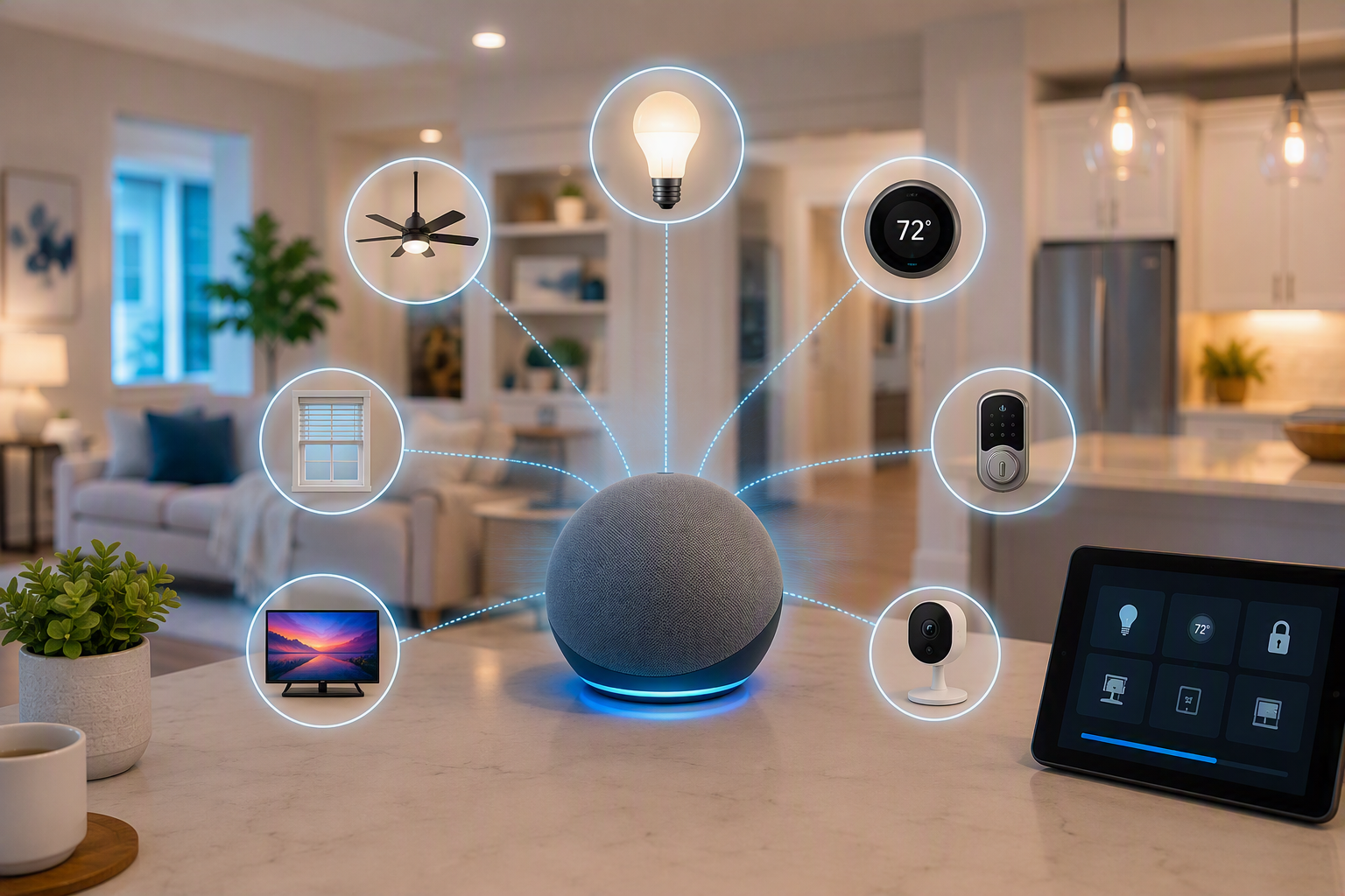 Smart home hub speaker on a kitchen countertop connected to multiple household devices, including lights, thermostat, door lock, security camera, television, window blinds, and ceiling fan. A smart home control dashboard is visible on a nearby tablet, illustrating whole-home voice automation and centralized device management in a modern residential setting.