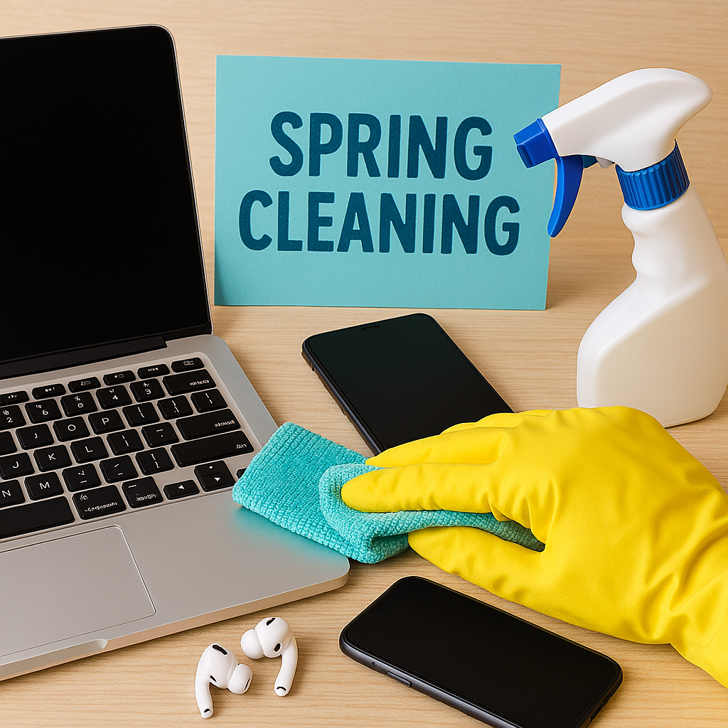 image of laptop, phone, and other devices being cleaned for spring.