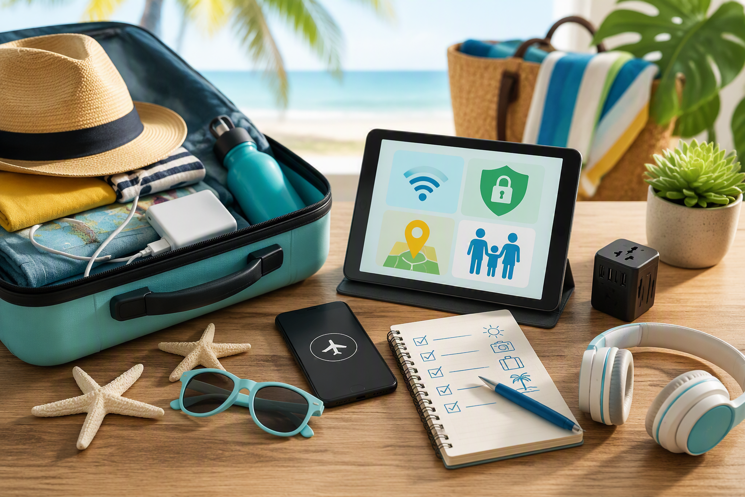 A bright summer travel and family technology planning scene featuring an open suitcase packed with vacation essentials, a smartphone, tablet, travel adapter, headphones, sunglasses, and a checklist notebook on a wooden table. The tablet displays simple icons representing Wi-Fi connectivity, online security, location services, and family safety. A tropical beach setting with palm trees and ocean views appears in the background, highlighting technology preparedness, travel planning, and family organization during the summer season.
