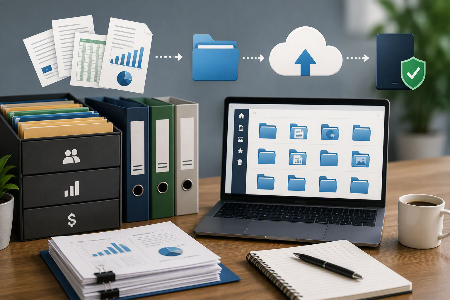 Office desk with organized business documents, labeled file binders, and a laptop displaying a digital folder system. Floating icons illustrate the process of moving paper records into organized folders, backing them up to cloud storage, and securing them across devices. Charts, reports, and secure data symbols emphasize document management, digital organization, cloud backups, and business continuity.