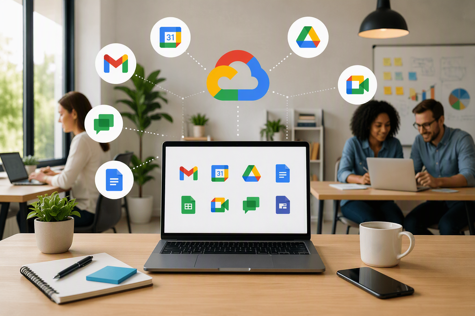 A modern small business office workspace featuring a laptop displaying a suite of cloud-based productivity applications. Connected icons representing email, calendar, cloud storage, video meetings, chat, documents, spreadsheets, and collaboration tools surround a central cloud platform symbol. Team members work at desks in the background using laptops, while a notebook, smartphone, coffee mug, and potted plants create a professional and productive atmosphere. The image visually represents cloud collaboration, communication, file sharing, organization, and small business productivity.