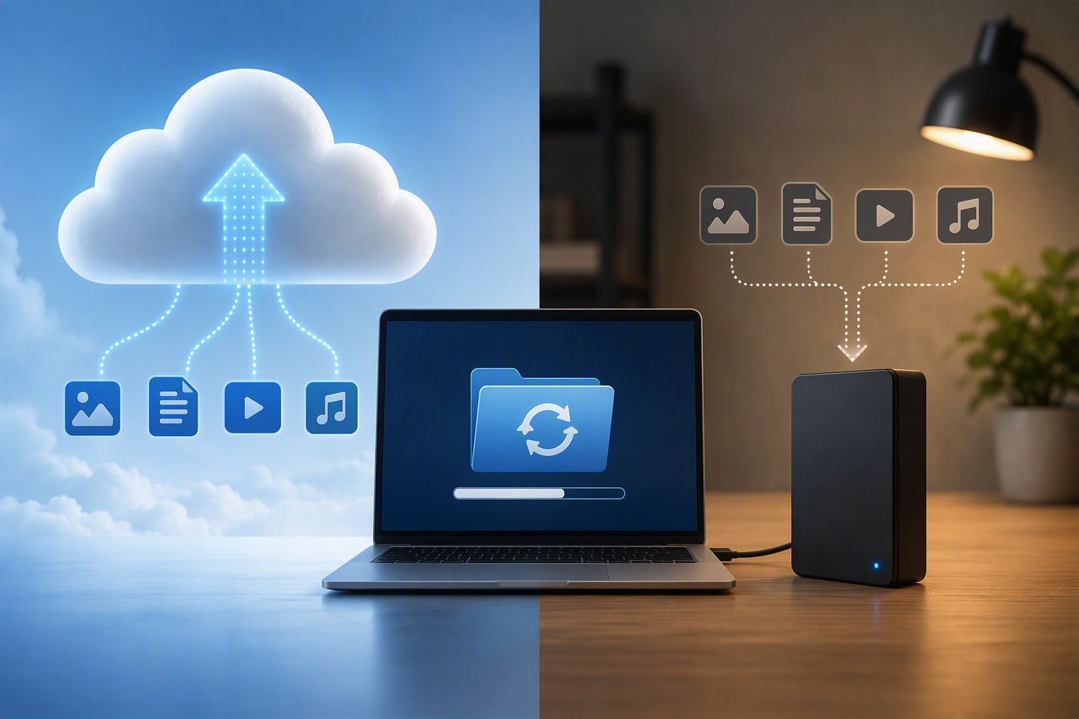 Illustration comparing cloud and local data backup methods. The left side shows a large cloud icon with connected image, document, video, and music file symbols being uploaded, representing cloud storage. The center features a laptop displaying a synchronized folder and progress bar. The right side shows an external hard drive receiving the same file types in a home office setting, representing local backup storage. The image uses a split blue-and-warm color scheme to visually contrast cloud and local backup solutions.