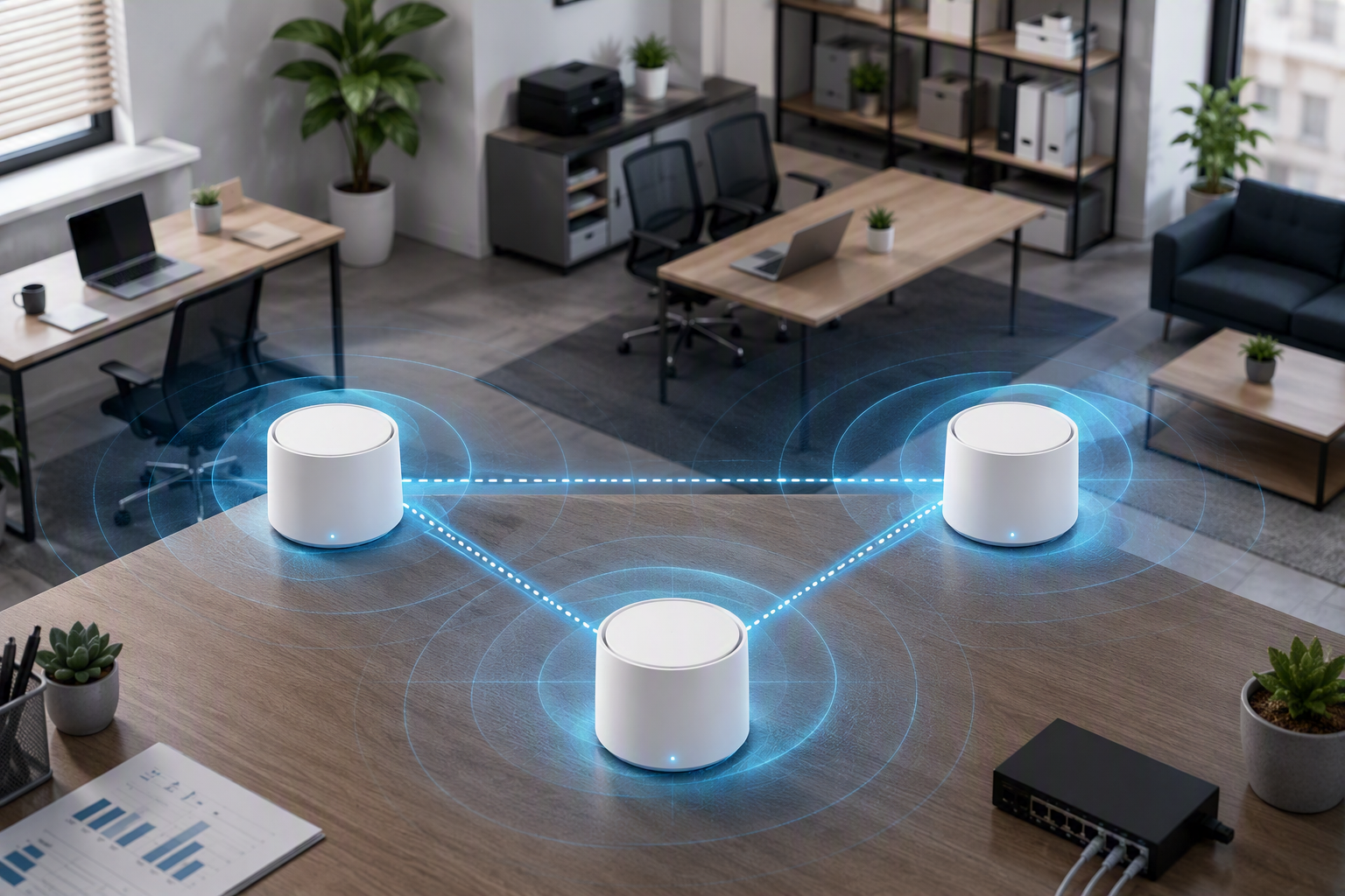 A modern home office and small business workspace featuring three white mesh Wi-Fi nodes connected in a triangular network across a desk. Blue wireless coverage rings radiate from each node, illustrating seamless whole-home connectivity. Laptops, office furniture, shelving, plants, and network equipment are visible in the background, representing reliable internet coverage for a home-based business environment.