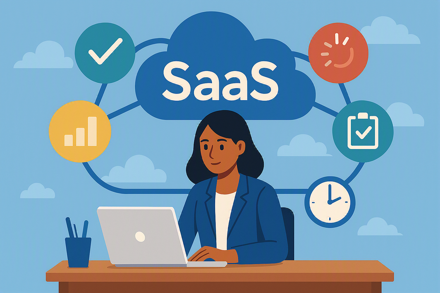 Illustration of a small business workspace with a person using a laptop, connected to a cloud labeled “SaaS.” Surrounding the cloud are simple icons representing analytics, task completion, approval checkmarks, efficiency, and time management, symbolizing choosing software tools that improve productivity and streamline operations.