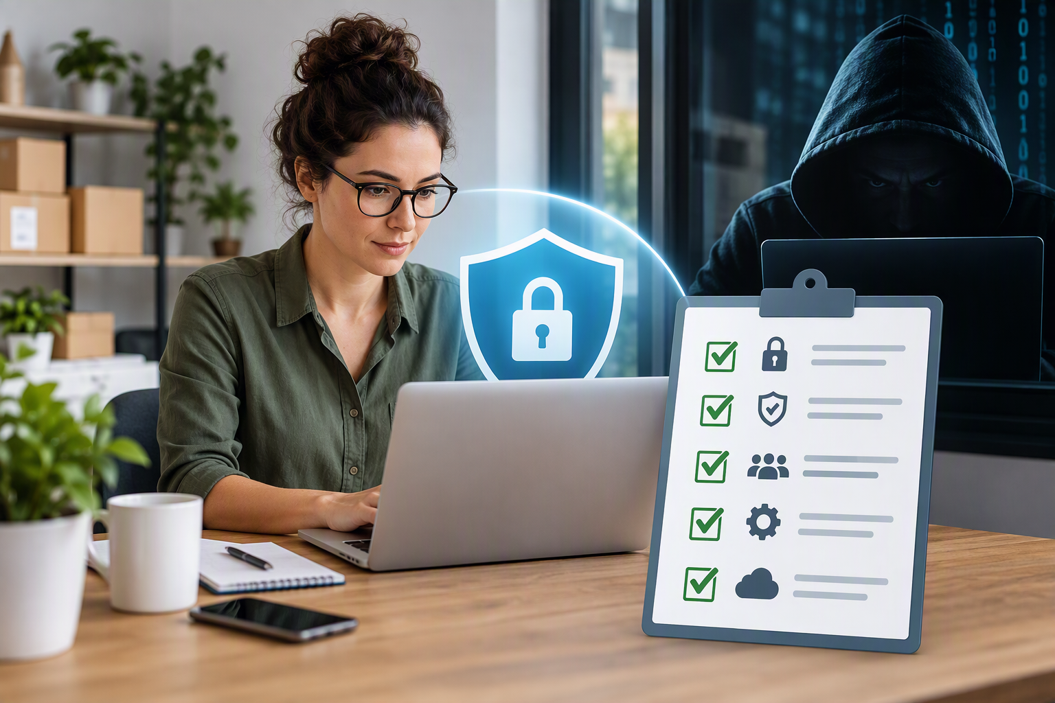Small business owner working on a laptop with a cybersecurity shield and security checklist in the foreground, while a hooded hacker figure appears in the background, illustrating the importance of protecting a small business from cyber threats.