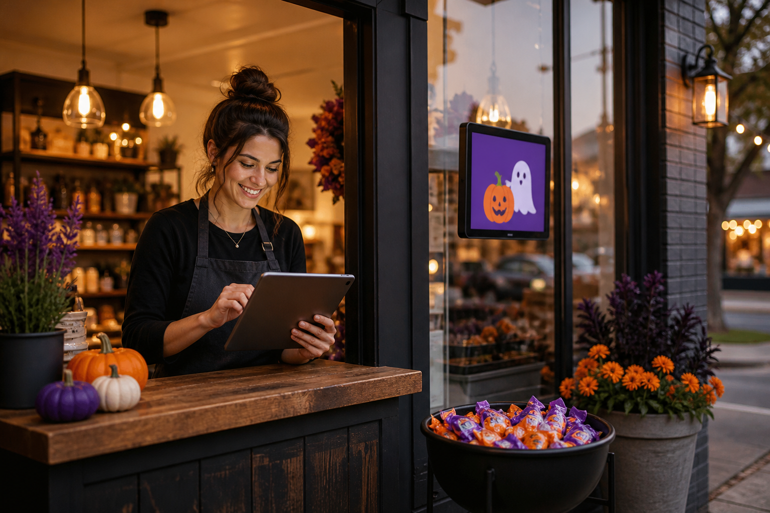 A shop owner uses a tablet beside a Halloween window display and a bowl of wrapped treats.