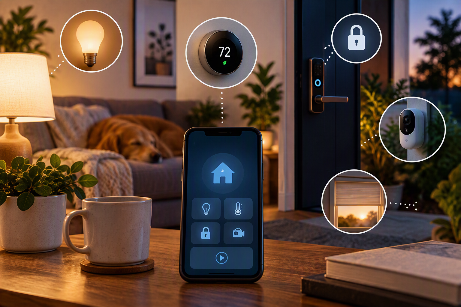 Smartphone controlling five practical smart-home automations, including lighting, thermostat, door lock, security camera, and window shades, in a warm modern living room.