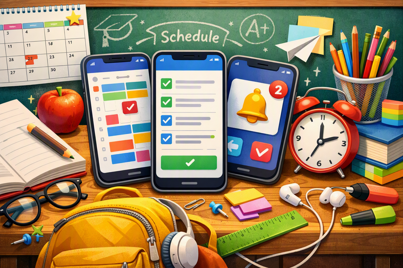 A clean, modern graphic featuring three smartphone screens displaying a digital calendar, a to‑do list, and school-related notifications. Surrounding them are school items such as notebooks, pencils, sticky notes, an apple, glasses, a backpack, earbuds, and a chalkboard-style background with doodles and a schedule—evoking an organized, tech‑powered school workflow.