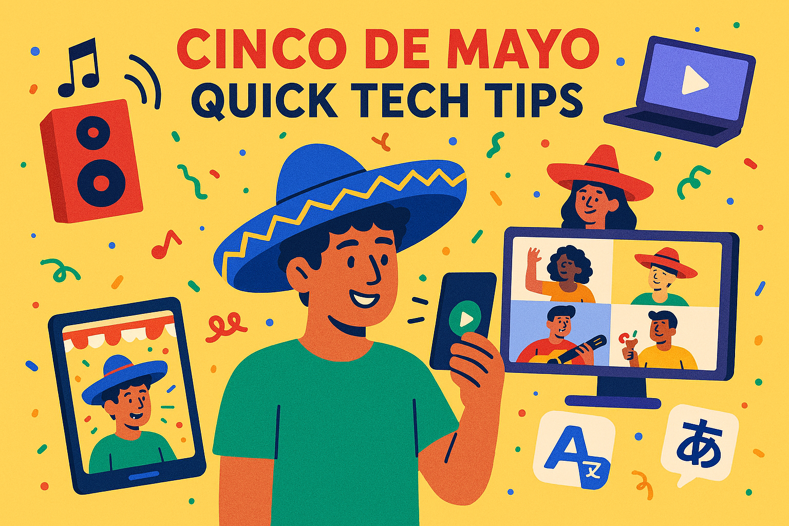 graphic of Hispanic boy enjoying technology on Cinco de mayo.