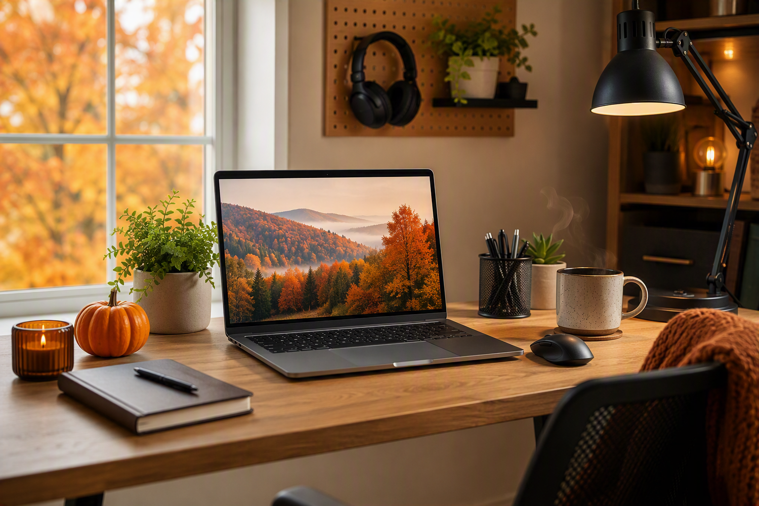 A cozy, organized home office decorated for autumn, featuring a laptop on a tidy wooden desk, a steaming coffee mug, notebook, desk lamp, small pumpkin, and houseplants. Warm fall colors are visible through a nearby window, while the laptop screen displays a scenic autumn landscape. The workspace conveys productivity, organization, and seasonal readiness for a fall technology tune-up.