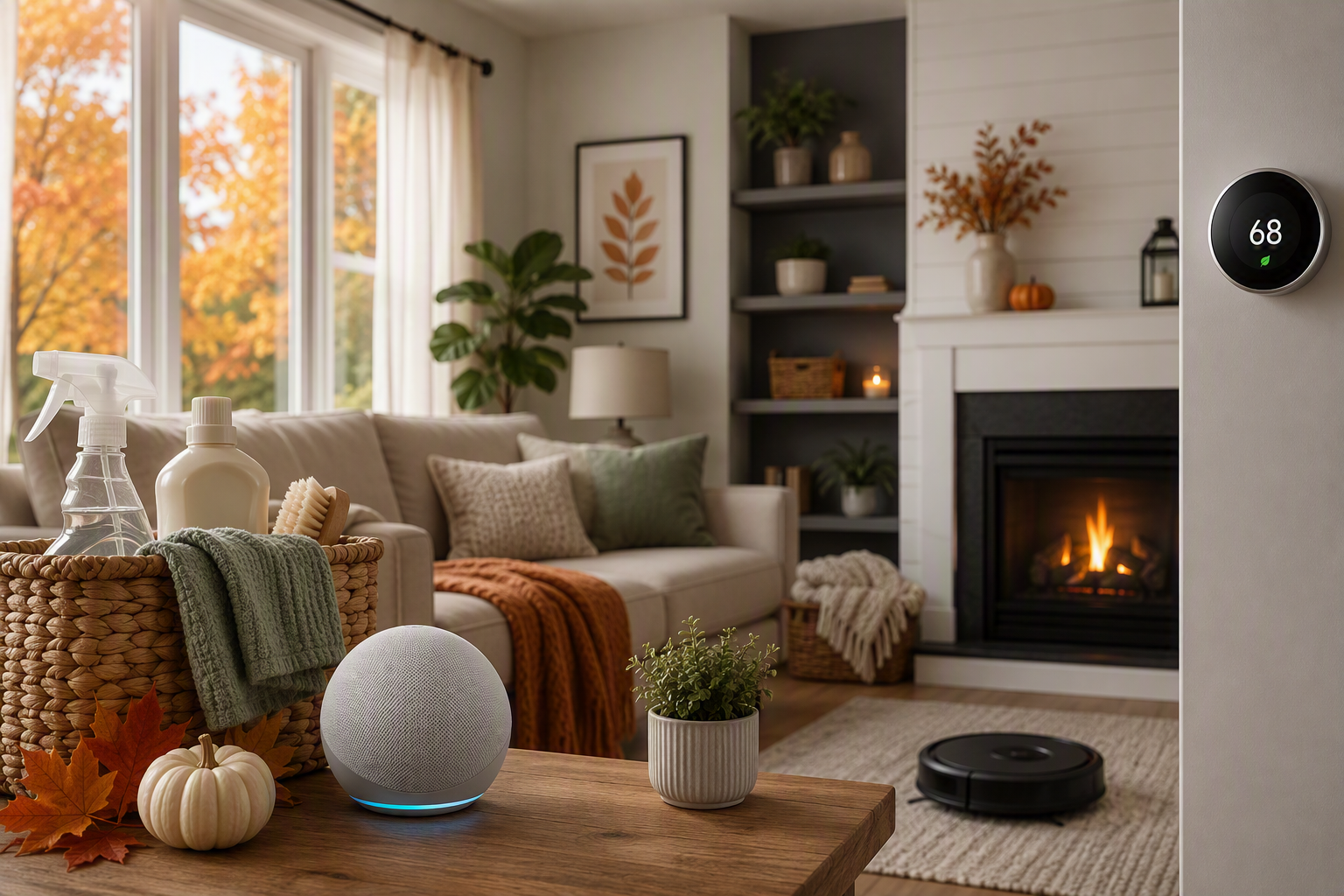 A cozy living room prepared for fall, featuring cleaning supplies in a basket, autumn leaves and pumpkins on a coffee table, a smart speaker, a robotic vacuum cleaning the floor, and a smart thermostat displaying the temperature on the wall. Warm seasonal décor, a fireplace, and colorful fall foliage visible through large windows emphasize home maintenance, comfort, and smart home technology readiness for colder weather.