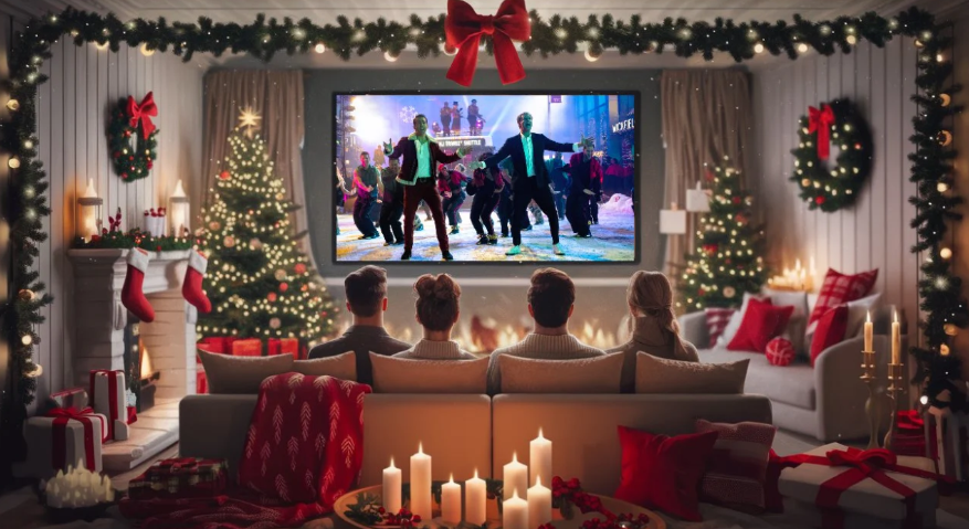 Image of 2 couples on a sofa watching Christmas movies in a decorated living room