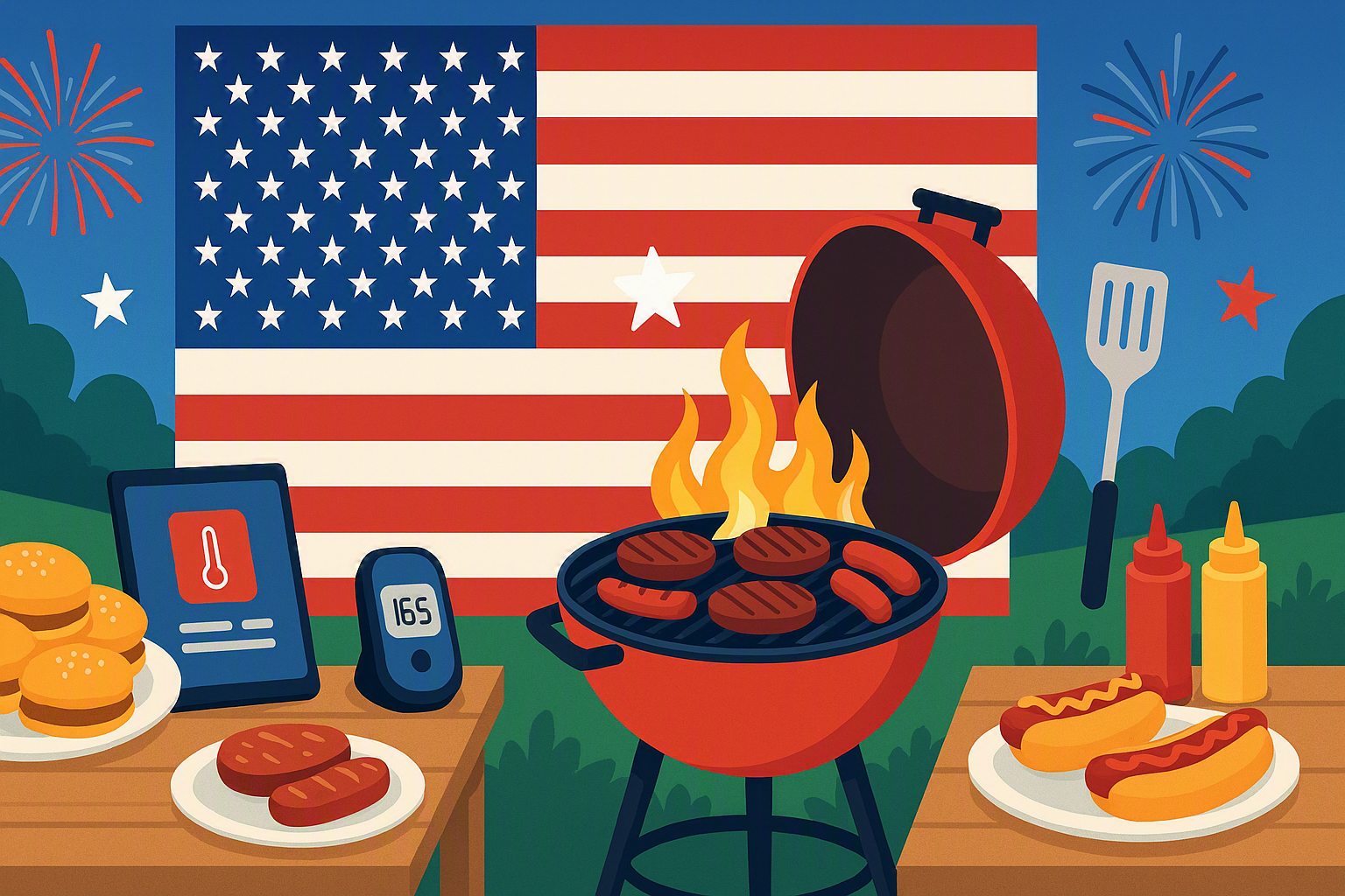 Illustration of a backyard Fourth of July cookout featuring a grill with burgers and hot dogs, a digital thermometer showing temperature, and a smart device on a table beside plates of food. The background includes an American flag, fireworks in the sky, and grilling tools with condiments, representing a blend of outdoor cooking and modern technology.