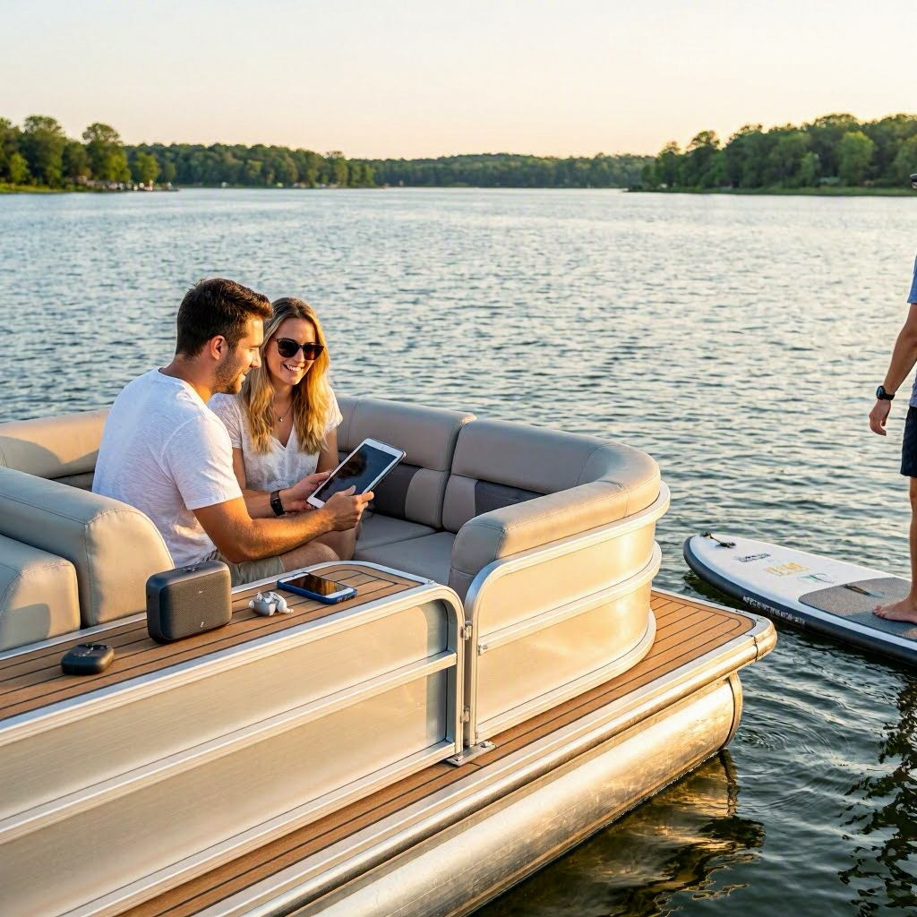 A couple on a boat enjoying life on the lake with their tablet.