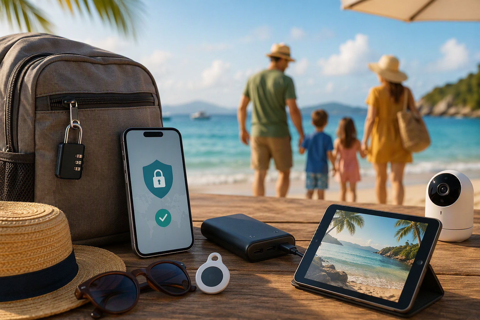 A summer vacation scene on a tropical beach featuring a collection of family-friendly technology and safety gadgets in the foreground. A travel backpack with a combination lock sits beside a smartphone displaying a security shield icon, a portable power bank, a Bluetooth tracking tag, sunglasses, a tablet showing a beach view, and a compact smart security camera. In the background, a family walks along the shoreline near turquoise water under a sunny blue sky, illustrating the connection between travel, family activities, digital safety, and modern technology.