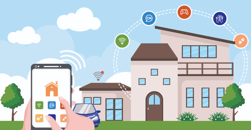 Graphical image of a home exterior surrounded by smart home features