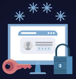 graphic of computer screen with lock and key