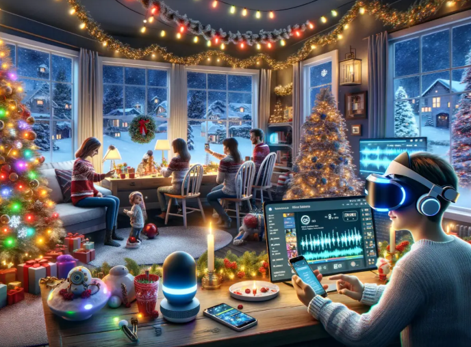 graphic showing family in living room using technology during the holidays.