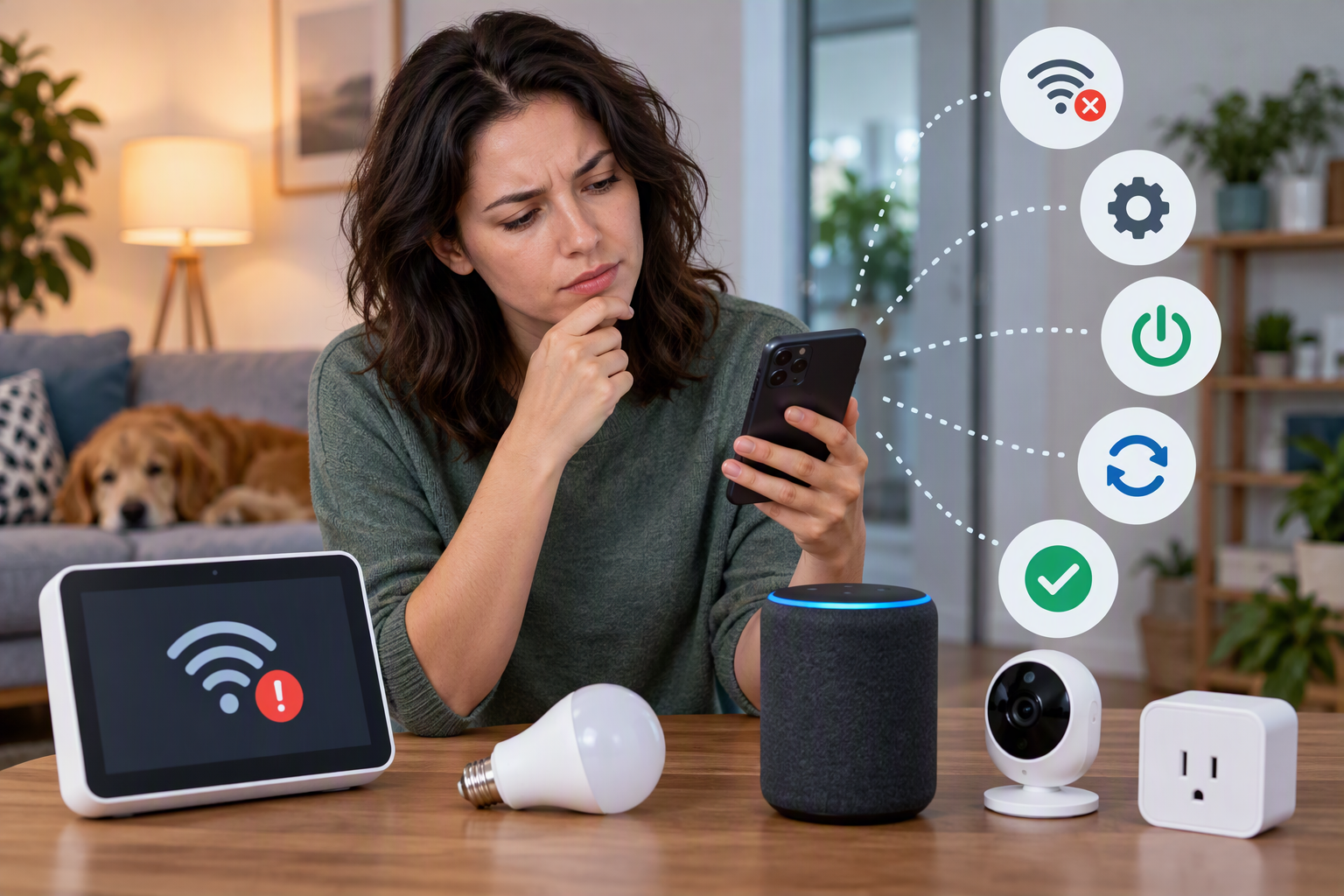 A homeowner troubleshooting several smart home devices using a smartphone, with a smart display, light bulb, speaker, security camera, and smart plug nearby. Wi-Fi, restart, settings, and status icons illustrate common troubleshooting steps.