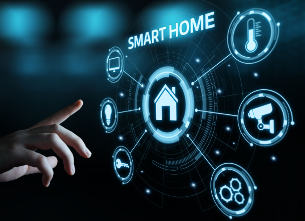 Image of a human hand deciding what to touch on a smart home display.