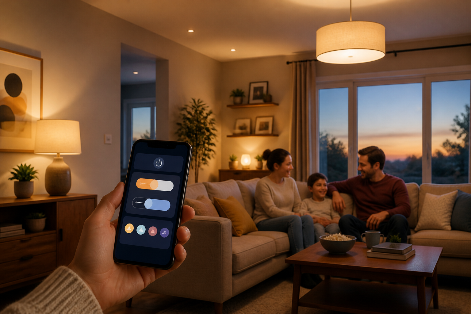 A family relaxes in a warmly lit living room as someone adjusts the smart lights with a phone.