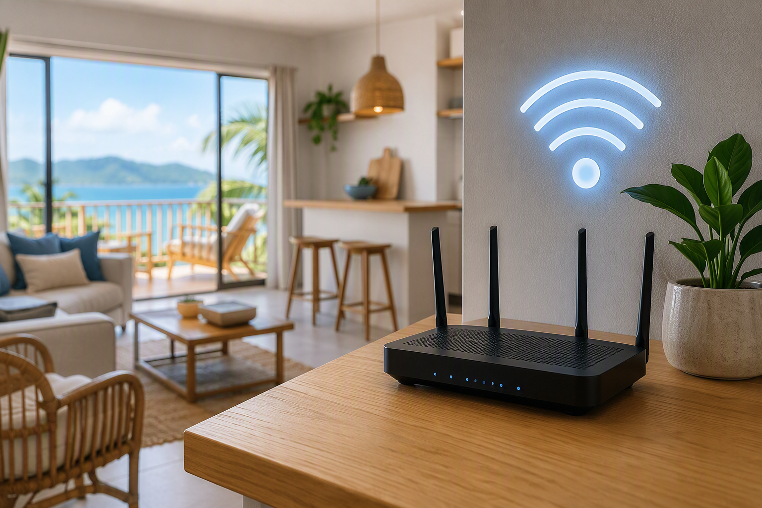 Modern Wi‑Fi router positioned on a wooden table inside a bright vacation rental overlooking a tropical waterfront. A glowing Wi‑Fi symbol appears on the wall behind the router, while the background shows a comfortable living area, kitchen space, and large windows with scenic outdoor views, emphasizing strong and reliable wireless internet coverage for guests.