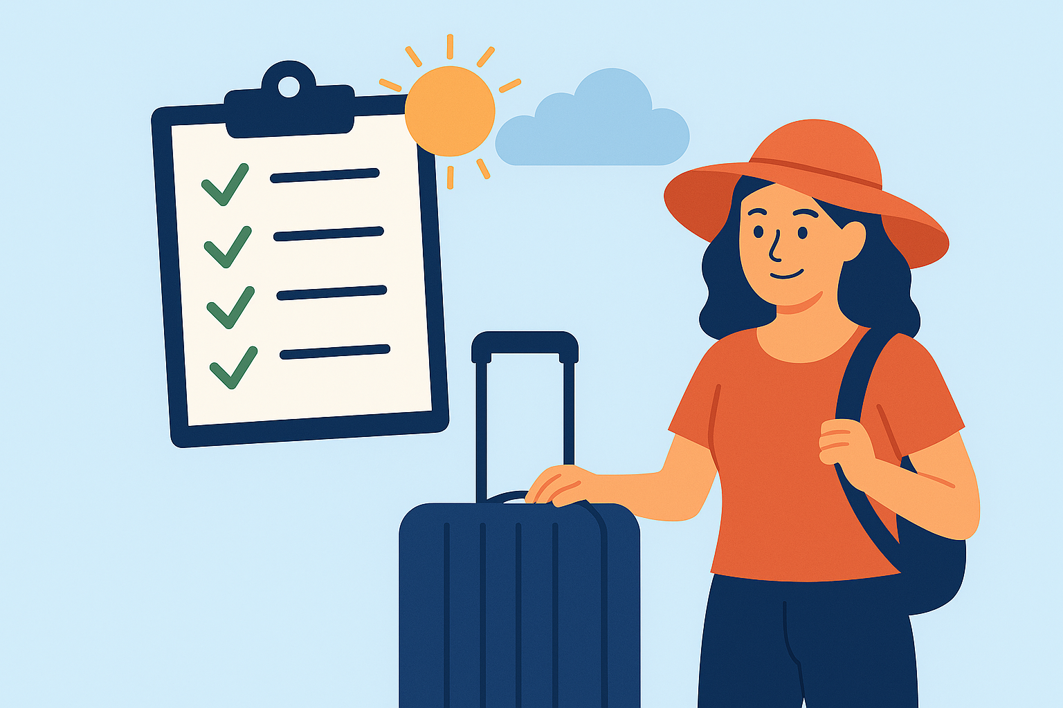 Image of a woman with her travel bag and a checklist